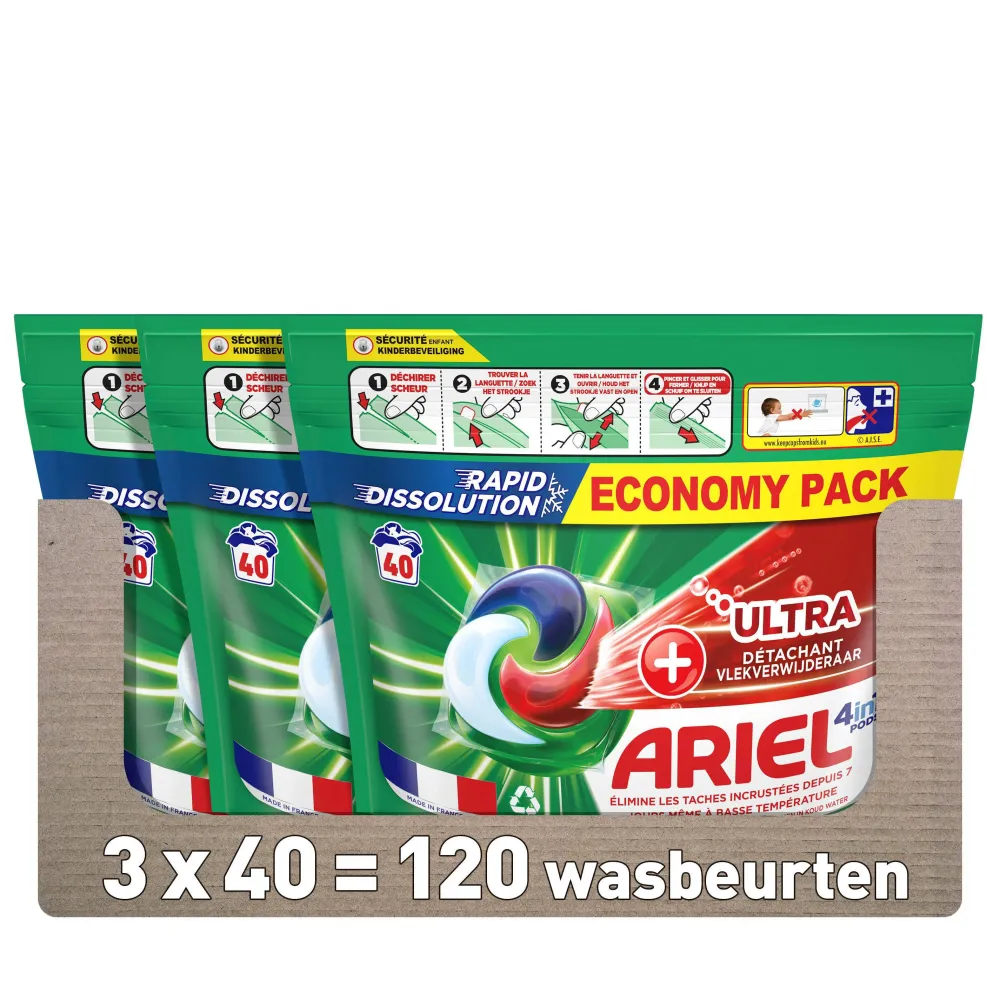 New Ariel Pods+ Vloeibaar Wasmiddelcapsules + Ultra Vlekverwijderaar - 3 X 40 Wasbeurten - 120 Wasbeurten