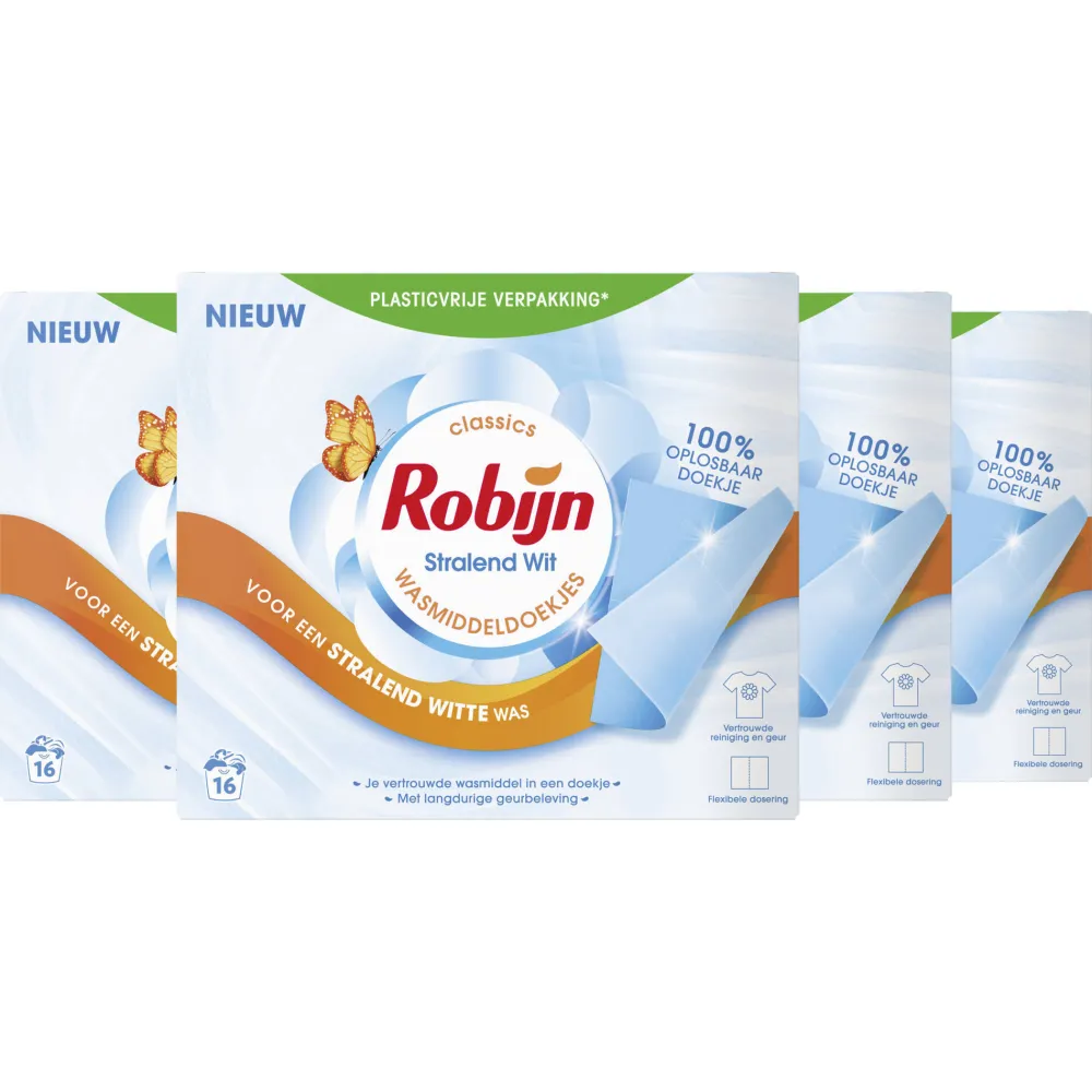 Cheap Robijn Classics Stralend Wit Wasmiddeldoekjes - 4 X 16 Wasstrips - Voordeelverpakking - 64 Wasbeurten